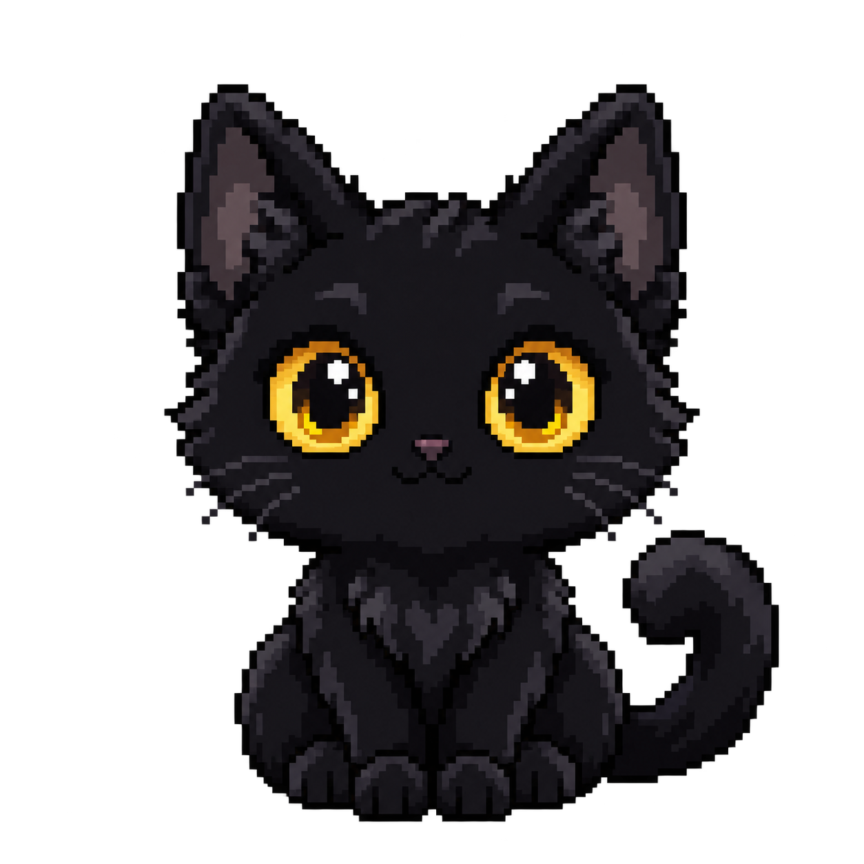 Kevin, a cute black pixel-art office cat with wide golden eyes